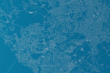 Map of the streets of Manaus (Brazil) made with white lines on blue background. 3d render, illustration