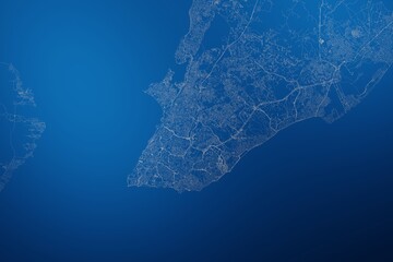 Stylized map of the streets of Salvador (Brazil) made with white lines on abstract blue background lit by two lights. Top view. 3d render, illustration