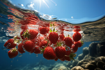 Creative illustration of strawberries floating in water - 790083788