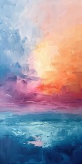 A painting depicting a vibrant sunset casting warm hues over a calm body of water, creating a serene and picturesque scene