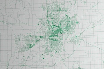 Map of the streets of Fort Wayne (Indiana, USA) made with green lines on white paper. 3d render, illustration