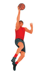 Japanese basketball player in red jersey who jumps high to shoot the ball into the hoop