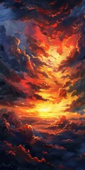 A painting showcasing a vibrant sunset in the clouds with warm hues blending into the sky, creating a dramatic scene
