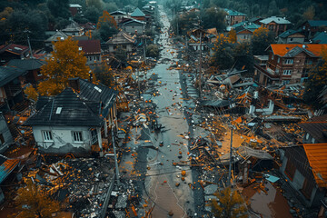 A birds eye view of a village street showing houses, trees, and roads aftermath of the flood - obrazy, fototapety, plakaty