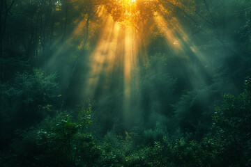 Sunbeam shining through dense forest canopy