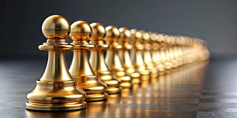 A row of golden chess pieces are lined up on a shiny board
