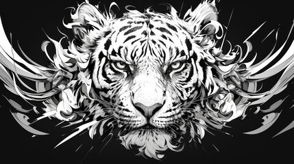 Hand drawn black and white illustration featuring the striking patterned head of a tiger