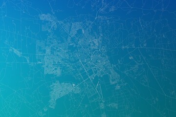 Map of the streets of Marrakesh (Morocco) made with white lines on greenish blue gradient background. 3d render, illustration