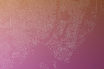 Map of the streets of Maputo (Mozambique) made with white lines on pinkish red gradient background. Top view. 3d render, illustration