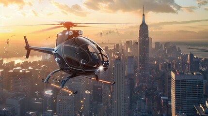 A hydrogen-powered helicopter hovering above a cityscape, demonstrating the versatility of hydrogen for aerial transportation.