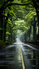 Obraz premium A road in the forest with dense trees around it