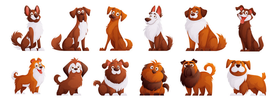 Cute brown dogs vector set. Cartoon characters of dogs or puppies create a collection with different breeds. Set of funny pets.