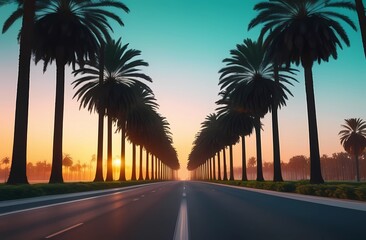 Endless road with palm trees on either side with sunset sky in the background. Green palm trees on the edges of the road