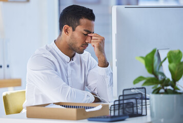 Headache, burnout and businessman in office reading creative research on computer for sleeping....
