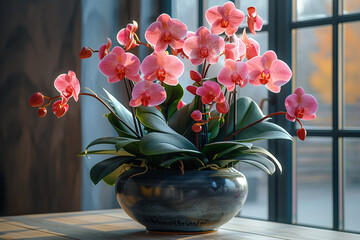 A vase filled with pink flowers orchid resting on top of a wooden table - Powered by Adobe