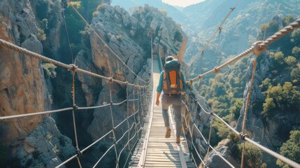 adventurous backpacker crossing a narrow suspension bridge high above a deep gorge, showcasing bravery and exploration