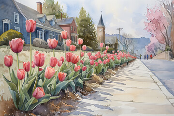 A watercolor painting depicting a small town street adorned with bright red tulips - obrazy, fototapety, plakaty