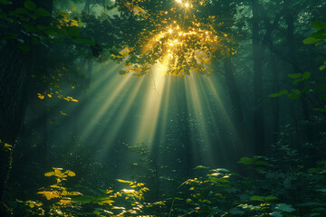 Sunbeam piercing through dense forest trees wallpaper