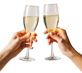 two hand hold a glasses of champagne isolated on transparent background