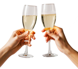 two hand hold a glasses of champagne isolated on transparent background