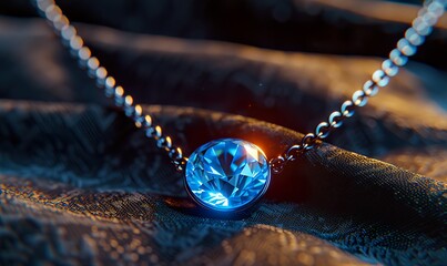 A close-up of an electric blue diamond necklace on a black cloth - obrazy, fototapety, plakaty
