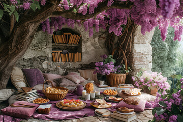 A table filled with an abundance of food set under a tree with blooming lilac flowers