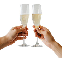 two hand hold a glasses of champagne isolated on transparent background