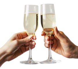 two hand hold a glasses of champagne isolated on transparent background