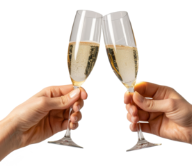 two hand hold a glasses of champagne isolated on transparent background