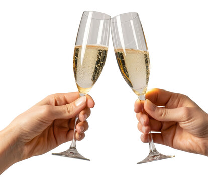 two hand hold a glasses of champagne isolated on transparent background