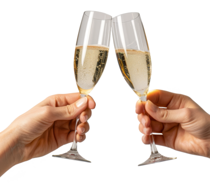 two hand hold a glasses of champagne isolated on transparent background