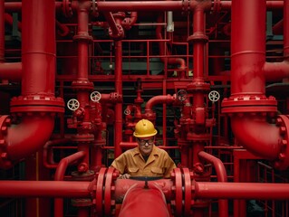 An employee in workwear and a hardhat focused on inspecting a complex network of red pipes at an industrial plant.