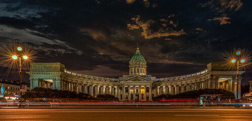 Saint-Petersburg, Russia, Kazan (Kazanskiy) Cathedral in night illumination in winter. It is...