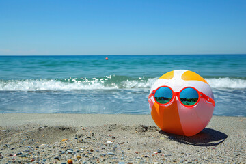 Fototapeta na wymiar beach ball on the beach, glasses summer vacation traveling sports 