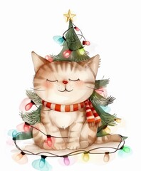 Christmas cute cat the background of a decorated New Year tree. art illustration