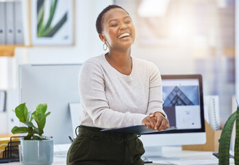 Black woman, laugh and happy at office with professional humor, creative employee at startup and joking in the workplace. Pride, ambition and satisfaction in career with comedy, joy and positive mood - obrazy, fototapety, plakaty