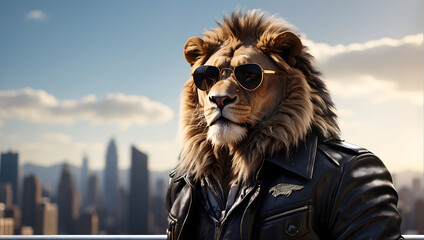 Lion man wearing aviator-style sunglasses and a leather jacket, businessman manhood symbolism, the backdrop of a big cityscape city view city jungle