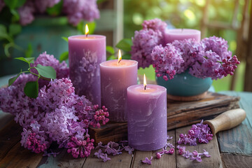 Obraz na płótnie Canvas Several purple candles and lilac arranged on a wooden table