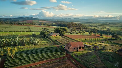 Naklejka premium view of a sustainable farm, showcasing a harmonious coexistence between agriculture and nature, highlighting the importance of environmental stewardship
