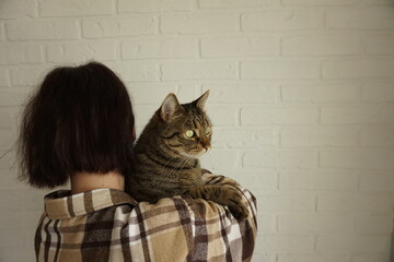 Woman holds a cat with green beautiful eyes in her arms.