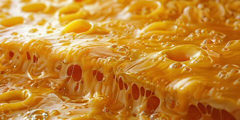 Melty cheese coated in glistening oil, close up shot of delicious melted dairy product