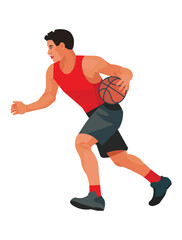 Fototapeta na wymiar Figure of Asian basketball player in red jersey in profile who runs and holds the ball in one hand