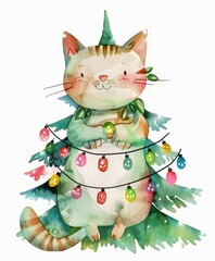 Christmas cute cat the background of a decorated New Year tree. art illustration
