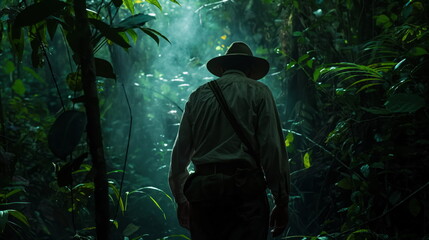 Experts prepare to embark on an expedition deep into the heart of the jungle in search of adventure. Captivating atmosphere of suspense and anticipation - obrazy, fototapety, plakaty