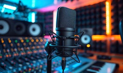 A detailed view of a microphone and headphones on a black stand
