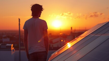 A man stands on his rooftop at sunset,