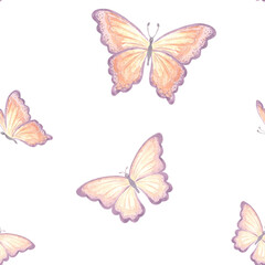 Butterflies delicate Seamless pattern. Watercolor flying insect. Spring summer hand drawn illustration. Tropical wild animals. Drawing endless template for wallpaper, scrapbooking, wrapping, textile.