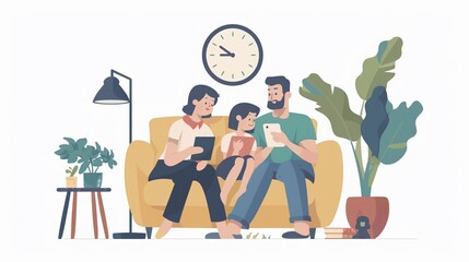 Screentime management in a family setting, a clock displaying limited hours for device use, promoting balanced digital habits