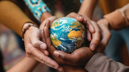 Earth Day Concept, Hands of diverse people holding a small globe together