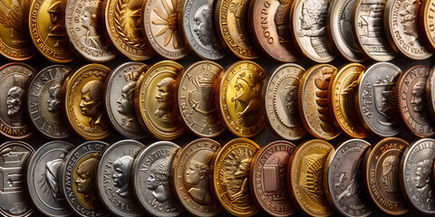 Wall displaying various types of coins from different countries and eras - obrazy, fototapety, plakaty